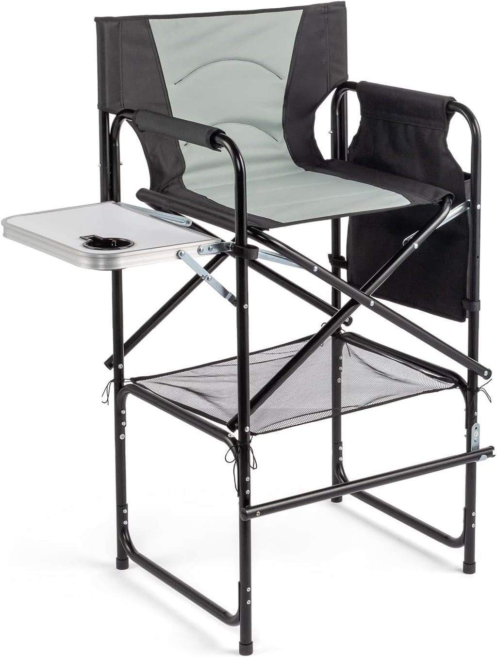 OmySalon Extra Tall 30'' Bar Height Directors Chair, Professional Portable Makeup Artist Folding Chair w/Side Table, Cup Holder, Side Storage Bag, Heavy Duty Iron Frame 300 lbs Capacity