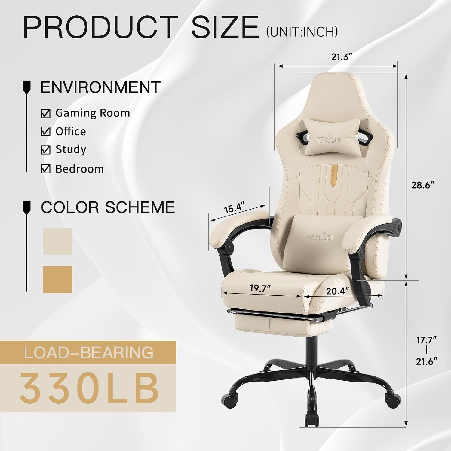 Gaming Chair with Footrest Ergonomic Computer Chair Massage Lumbar Cushion, Racing Video Game Chair Adjustable Rocker Recliner Executive Office Desk Chair Pu Leather for Adults, Beige