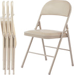 Sweetcrispy Folding Chair 4 Pack, Leather Padded Foldable Chairs, Sturdy Metal Portable Chairs, Easy to Use and Store, Outdoor and Indoor, for Home, Office, Party, Garden, Kahki
