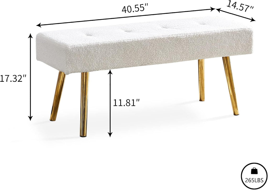 Entryway Bench, 40'' Upholstered Bedroom Benches, End of Bed Bench with Metal Legs, for Decorative, Living Room, Dining Room, White Bench, Teddy Velvet