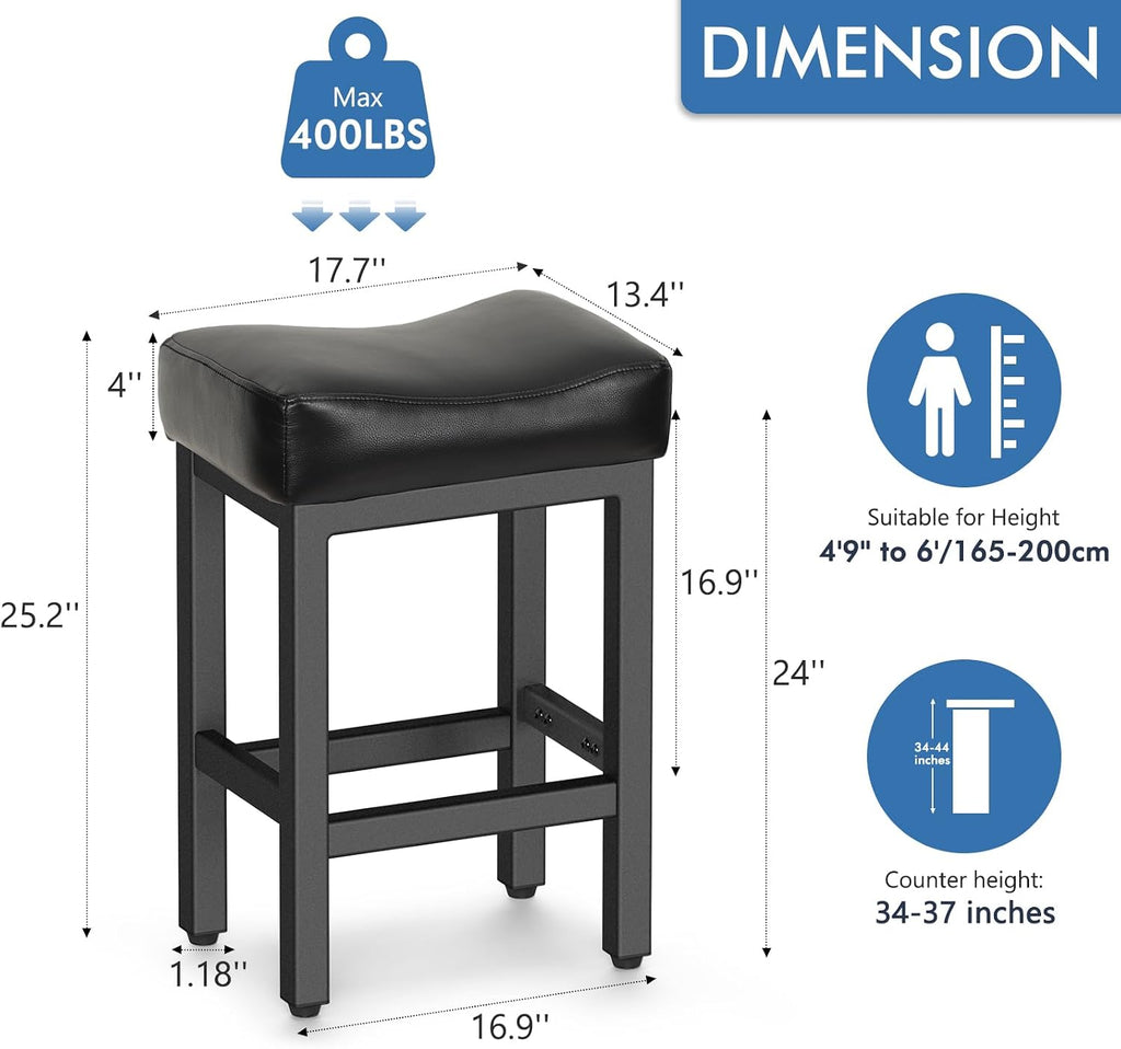 Raynesys Counter Height Bar Stools Set of 3, 24 Inch Barstools for Kitchen Island Counter, Bonded Leather Kitchen Stools with Saddle Seats & Metal Base, Easy Assembly, Black