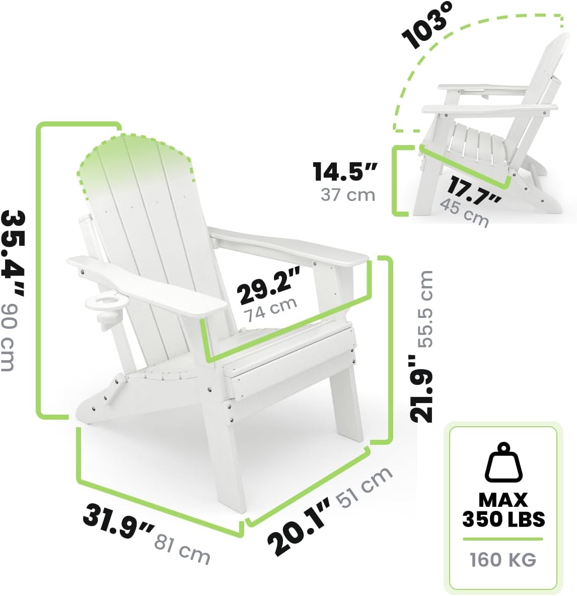 Adirondack Folding Chair for Garden, Patio or Deck - Arm Rests and Cup Holder - Lightweight, Weatherproof - Stylish, Durable Outdoor Furniture for Fire Pit, Beach, Poolside, Porch (White)