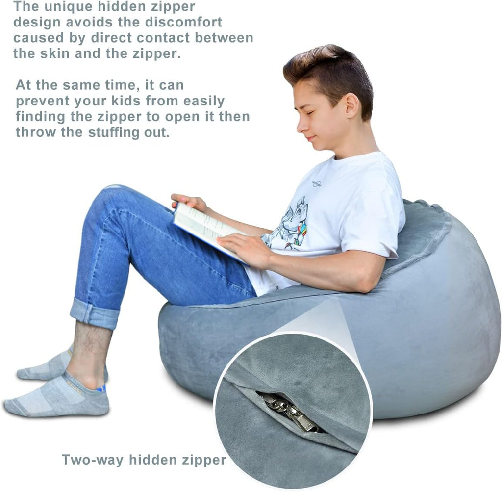 Bean Bag Chair Cover, Stuffed Animal Storage, Plush Toys Organizer Holder, Beanbag Chairs Cover for Kids Teans and Adults Super Soft and Comfortable Fabric X-Large with Handle and Zipper -Round Grey