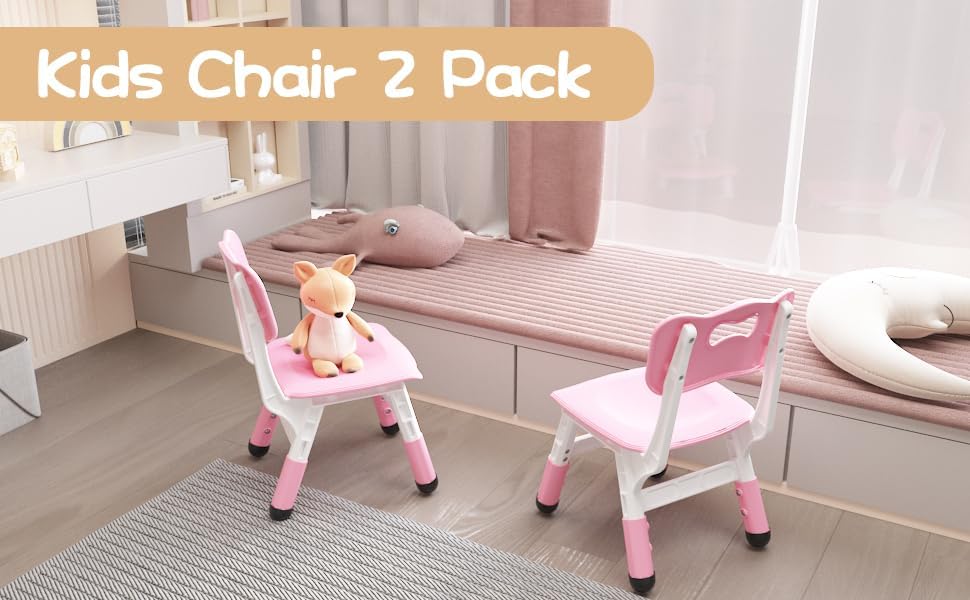 2 Pack Adjustable Kids Chair, 3 Height Levels Plastic Toddler Chair with Non-Slip Feet, 220lbs Load Capacity, Indoor Outdoor Home Kindergarten Chair for 3-8 Years Old-Pink