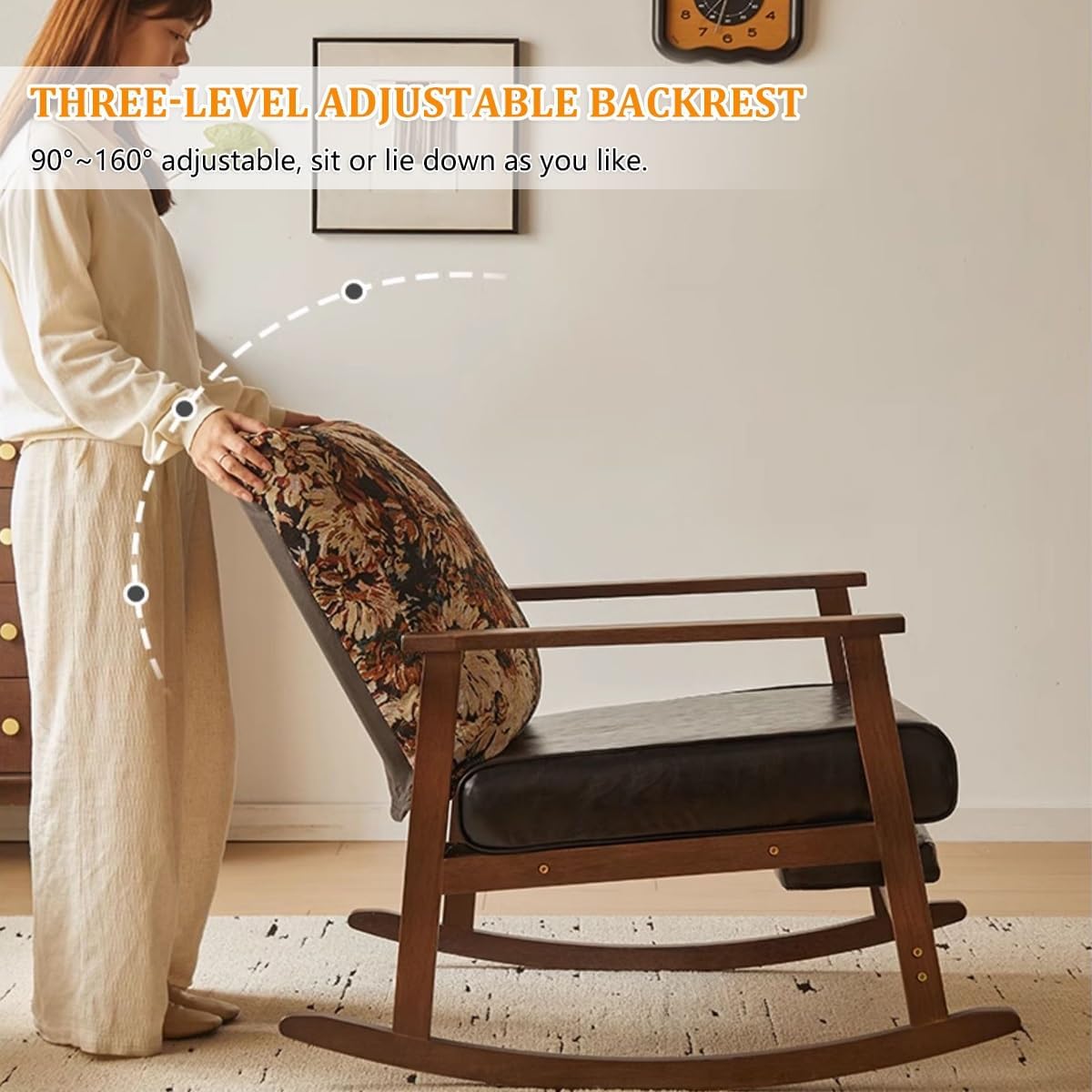 Oversized Rocking Chair with Cushion, Nursery Rocking Chair with Adjustable Footrest for Living Room, Upholstered Recliner Chair High Back with Armrests, Three-Position Adjustable Backrest for Bedroom