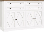 HOSTACK 55" Coffee Bar with 4 Large Drawers, 40" Tall Buffet Cabinet with Storage, Kitchen Storage Cabinet, Modern Farmhouse Sideboard Buffet, Adjustable Shelves for Living Room, White