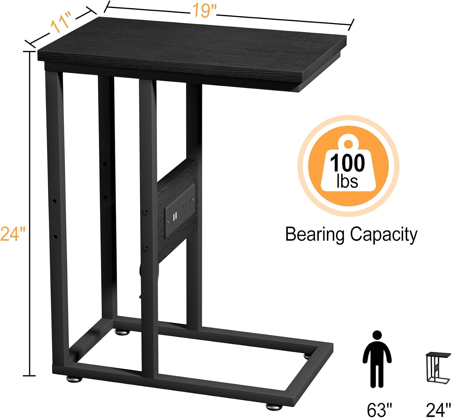 VECELO C Shaped End Table with Charging Station & Power Outlets, Quick Access Side Table for Sofa, C Bedside for Living Room Bedroom 1 Set,Black