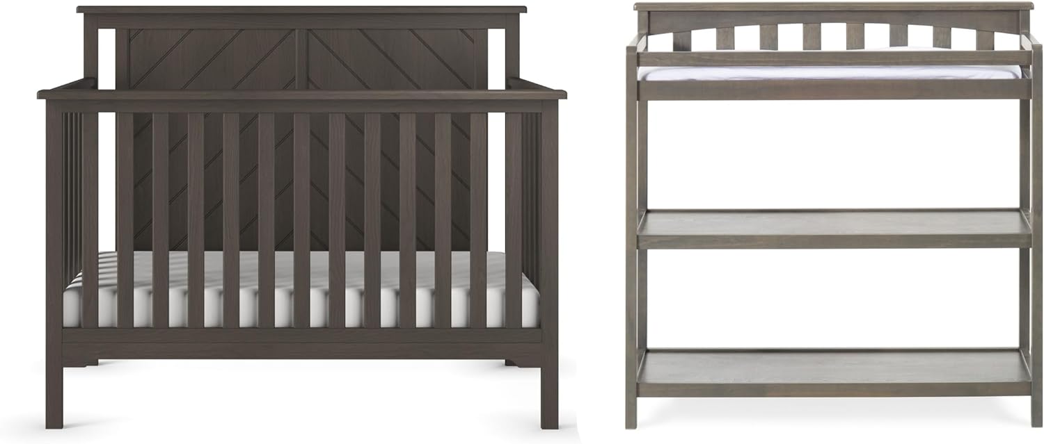 Child Craft Hampton Flat Top Crib and Changing Table Nursery Set, 2-Piece, Includes 4-in-1 Convertible Crib and Changing Table, Grows with Your Baby (Dapper Gray)