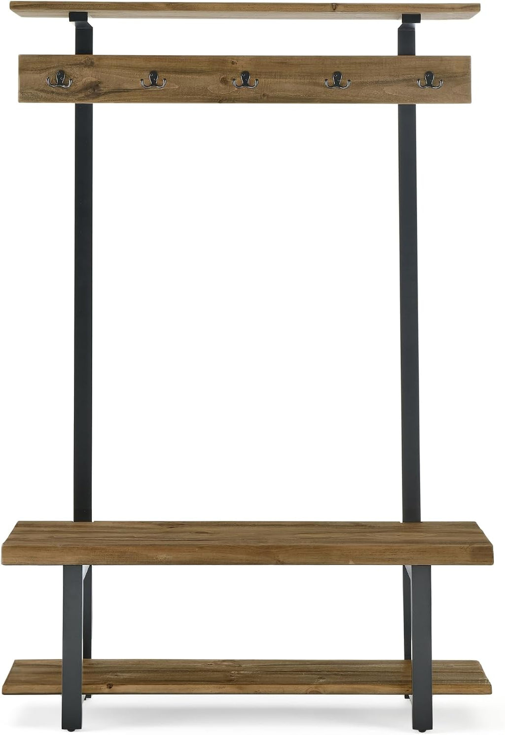 Alaterre Furniture Pomona Coat Hooks – Modern Farmhouse 48" Solid Wood Hall Tree with Bench, Shelves & Metal Coat Hooks – Mudroom & Foyer Storage for Jackets, Bags & Shoes (Rustic Brown)