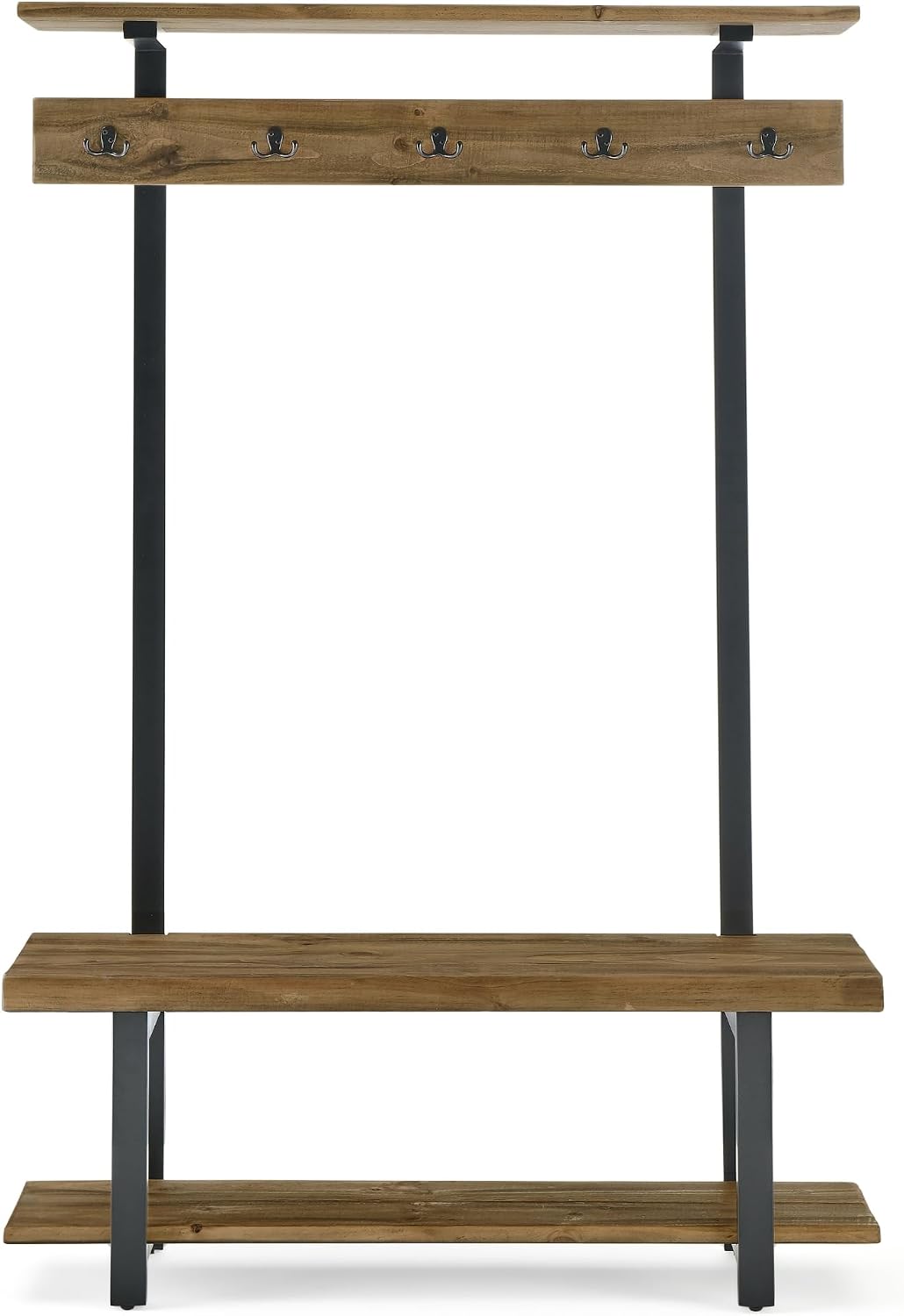 Alaterre Furniture Pomona Coat Hooks – Modern Farmhouse 48" Solid Wood Hall Tree with Bench, Shelves & Metal Coat Hooks – Mudroom & Foyer Storage for Jackets, Bags & Shoes (Rustic Brown)