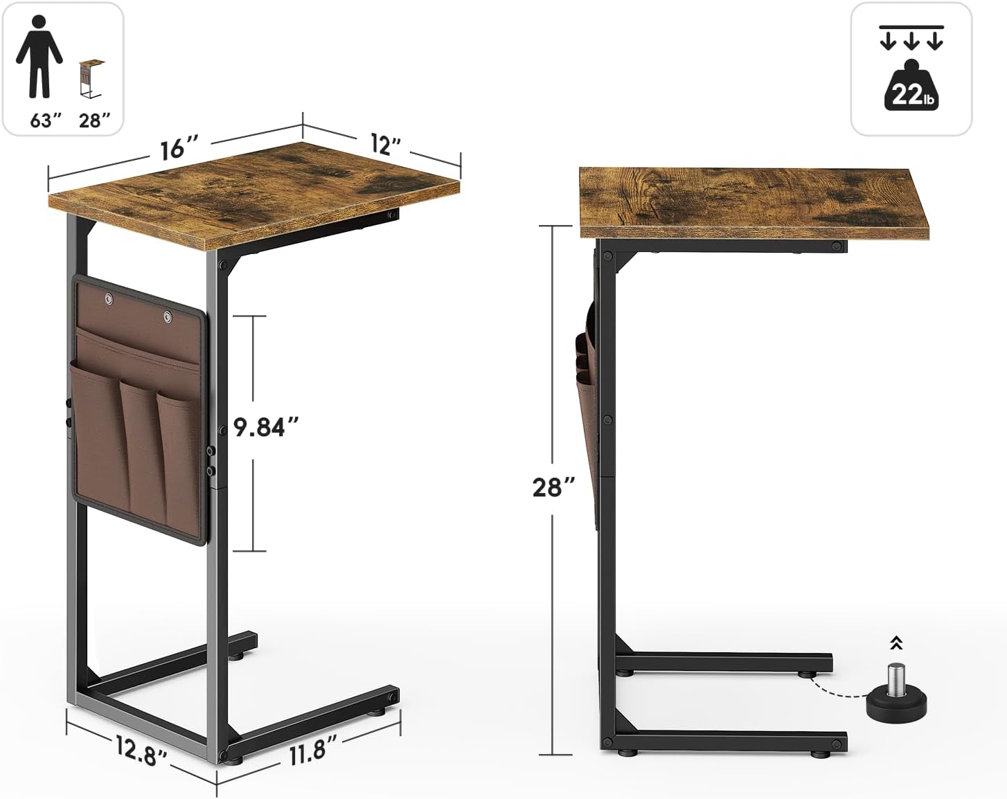 Vagusicc C Shaped End Table, Small Side Table for Couch, Tall Couch Side Table C Table for Small Space, TV Tray Slide Under Sofa Snack Table with Metal Frame for Living Room, Bedroom, Bedside, Brown