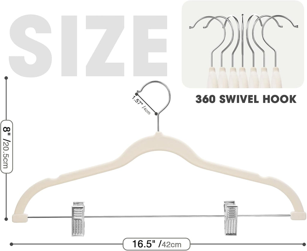 48-Pack Beige Velvet Hangers with Clips Adjustable,Adult Hangers,Heavy-Duty,Felt,Non-Slip,Space Saving,Slim Outfit Hanger for Pants, Skirts, Suits,Coats, Dresses ect.