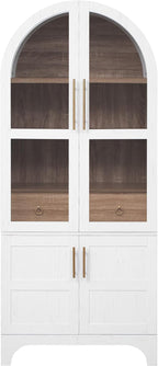 KLMM 71" Tall Arched Kitchen Pantry with Door Shelves,Storage Cabinets with Open & Adjustable Shelves,Hidden Drawer & Glass Door,for Kitchens Dining Room (White#Glass)