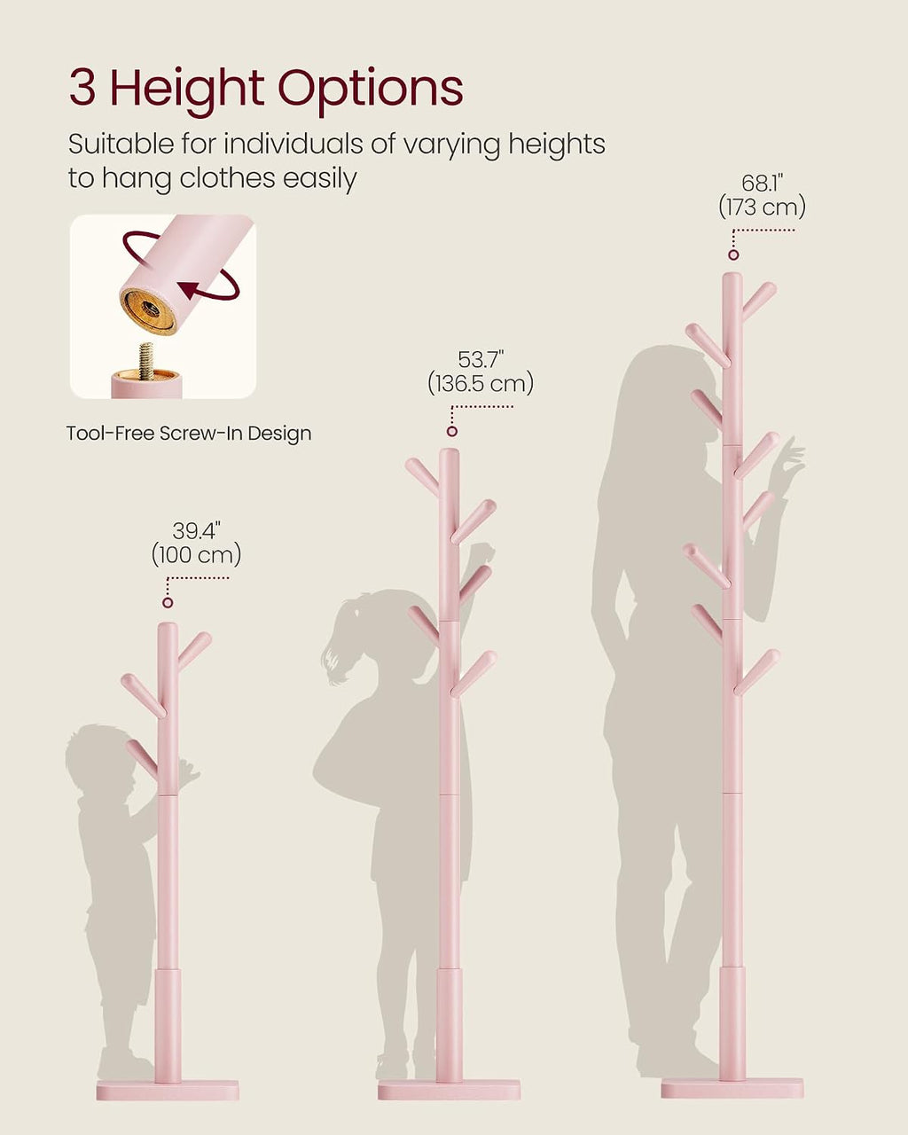 VASAGLE Solid Wood Coat Rack, Free Standing Hall Coat Tree with 8 Hooks, 3 Height Options, for Coats, Hats, Bags, Purses, for Entryway, Hallway, Rubberwood Hooks and Pole, Jelly Pink URCR010R01
