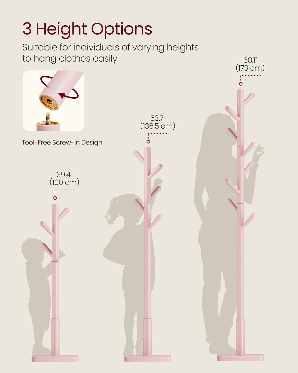VASAGLE Solid Wood Coat Rack, Free Standing Hall Coat Tree with 8 Hooks, 3 Height Options, for Coats, Hats, Bags, Purses, for Entryway, Hallway, Rubberwood Hooks and Pole, Jelly Pink URCR010R01