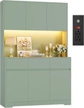FINETONES 71" Pantry Cabinet with Power Outlets and Led Lights, Large Kitchen Hutch Storage with Microwave Stand, Tall Pantry Kitchen Cabinet with Cupboard, Green