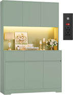 FINETONES 71" Pantry Cabinet with Power Outlets and Led Lights, Large Kitchen Hutch Storage with Microwave Stand, Tall Pantry Kitchen Cabinet with Cupboard, Green
