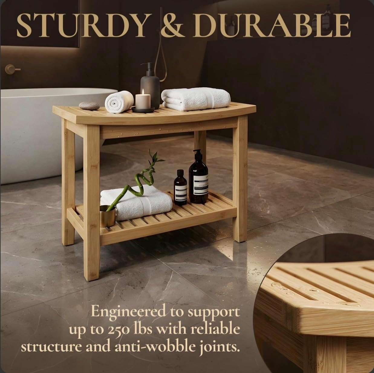 Bamboo Stool – Natural Wood Finish, Eco-Friendly Small Bench for Bathroom, Bedroom, Entryway, or Spa – Durable, Lightweight & Stylish Seating or Step Stool