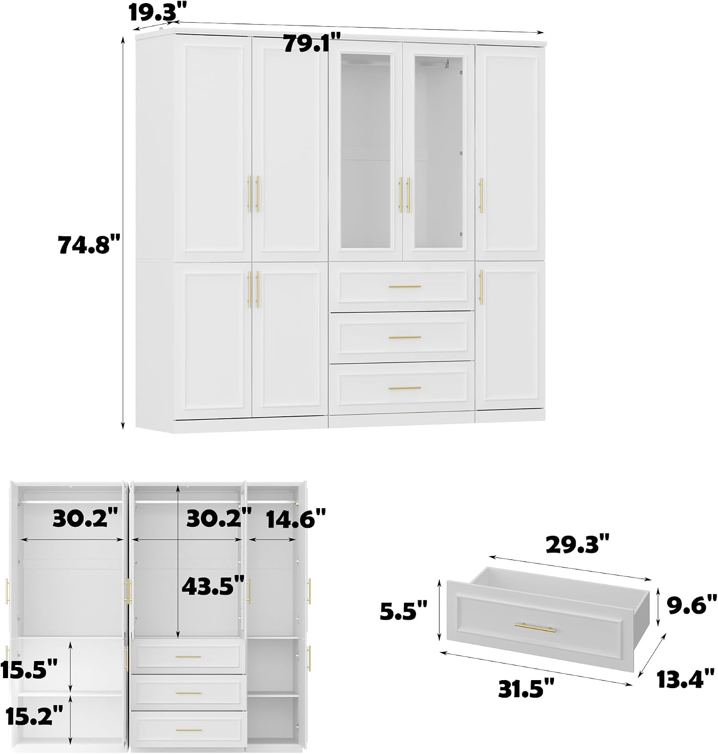 FUFU&GAGA Wardrobe Closet Collection with Doors, Modern White Bedroom Armoire System with Gold Handles, Modern Clothes Storage Cabinet with Drawers, Shelves, Hanging Rods, 79.1”W x 19.3”D x 74.8”H