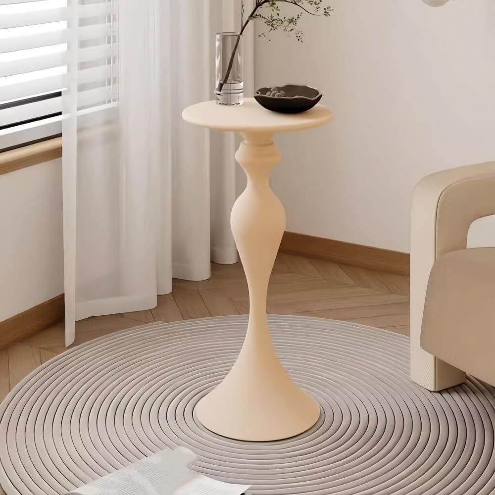Creative-Shaped Iron Side Table, Narrow End Table with Round Desktop, Minimalist Fashion Nightstand, Multipurpose Coffee Table for Living Room(Beige)