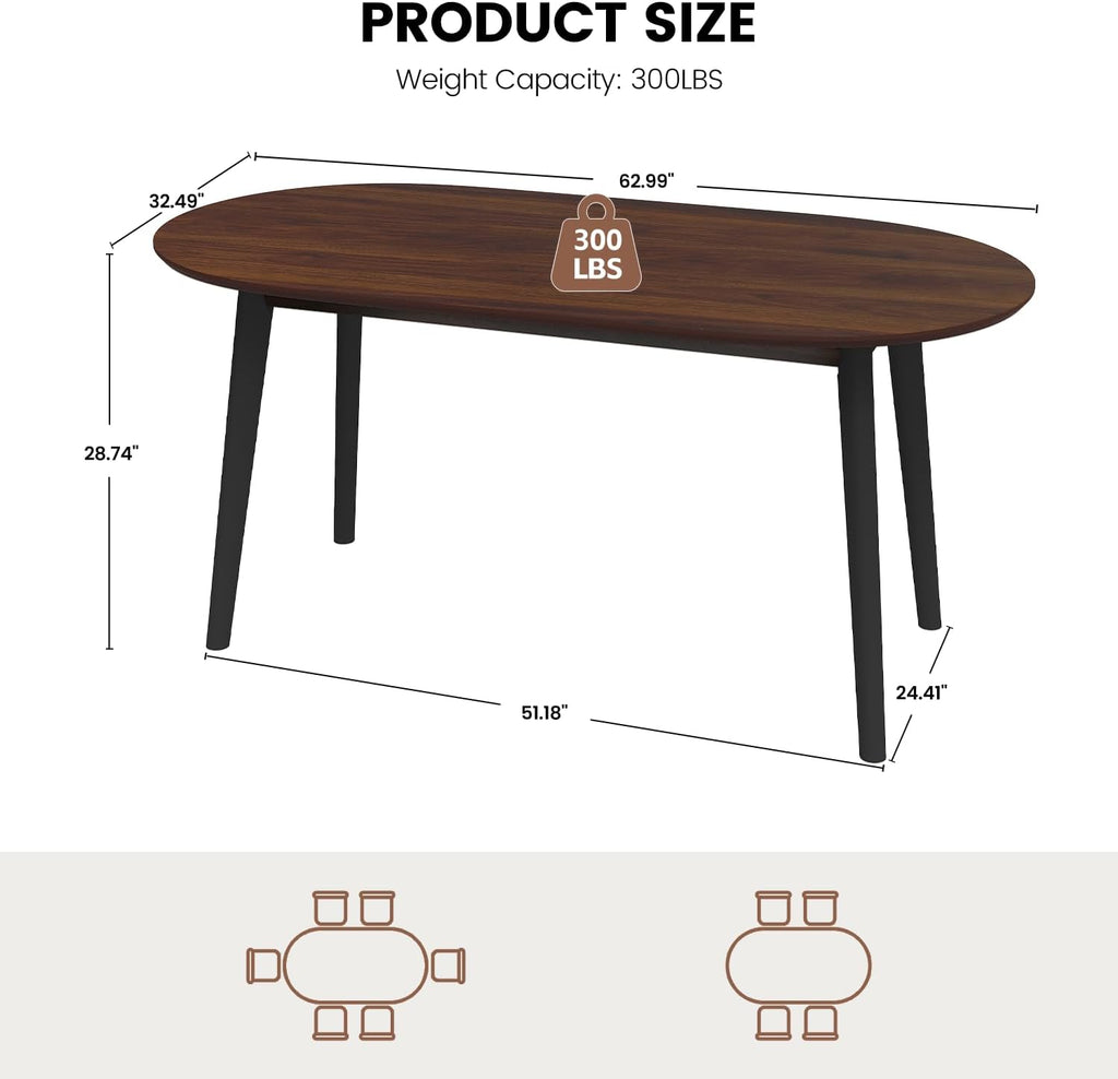 63" Oval Dining Room Table for 4-6, Modern Wooden Dining Table with Solid Wood Legs, Kitchen Table for Dining Room Office, Walnut