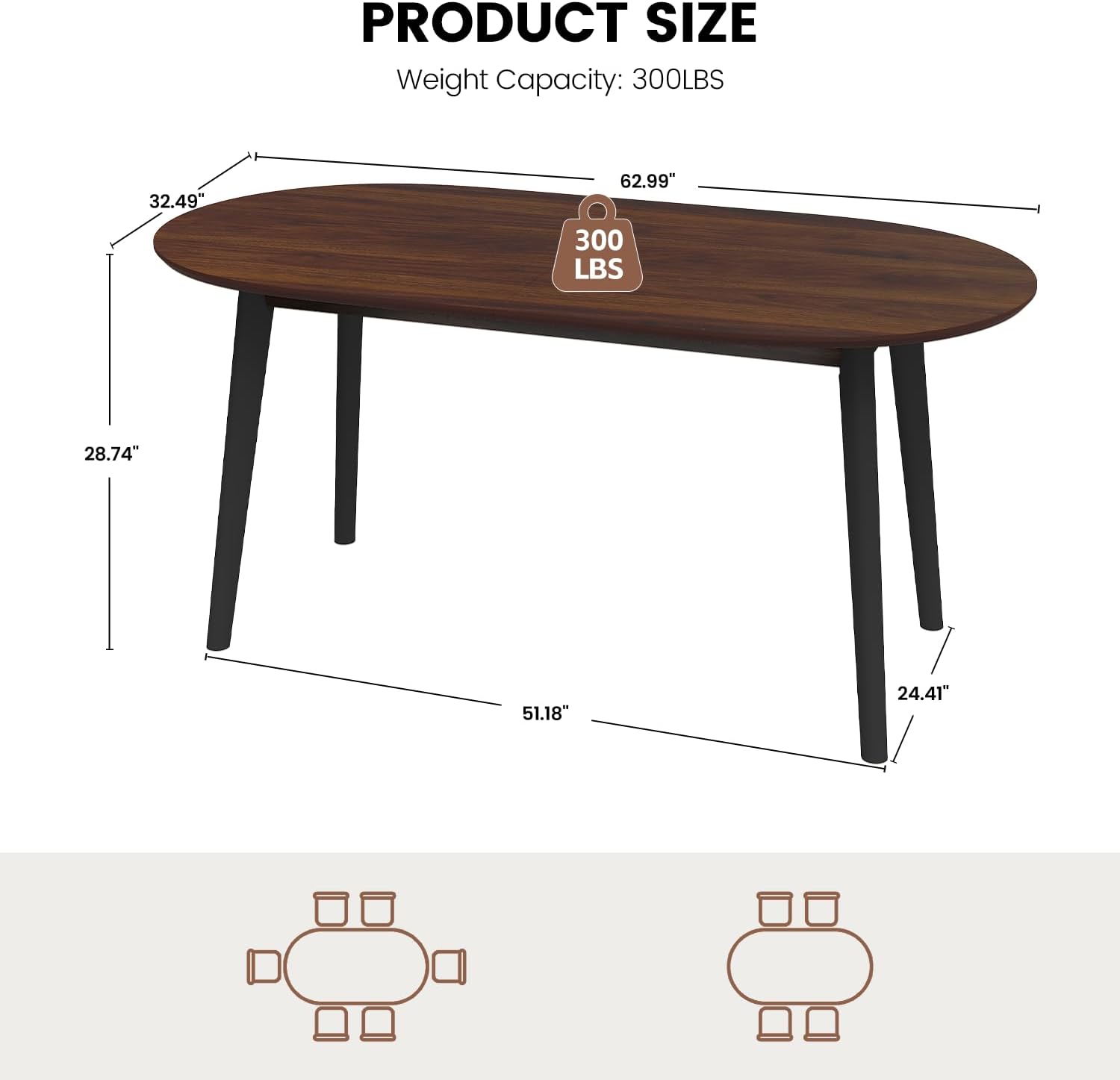 63" Oval Dining Room Table for 4-6, Modern Wooden Dining Table with Solid Wood Legs, Kitchen Table for Dining Room Office, Walnut