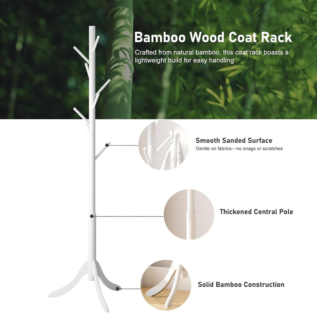 kiplant Coat Rack Stand with 8 Hooks, Adjustable Coat Standing Tree Easy Assembly for Coats, Hats, Scarves and Handbags for Entryway, Hallway, Bedroom, Office (Bamboo, White)