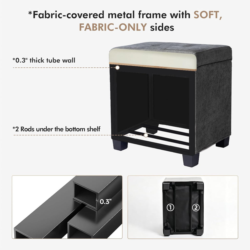 ABHENG Chenille Metal Framed Storage Ottoman,12.2" D x 16.1" W x 17.7" H Tufted Upholstered Ottoman with Storage,Foot Rest Stool with Legs,Holds 770 LB for Dorm Living Room Bedroom Gray UASND70G