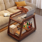 Movable Sofa Side Table with Glass, 2 Tier End Table with Wheels, Small Table with Storage Shelf, Couch Table for Small Spaces, Bedroom, Living Room, Entryway(Black)