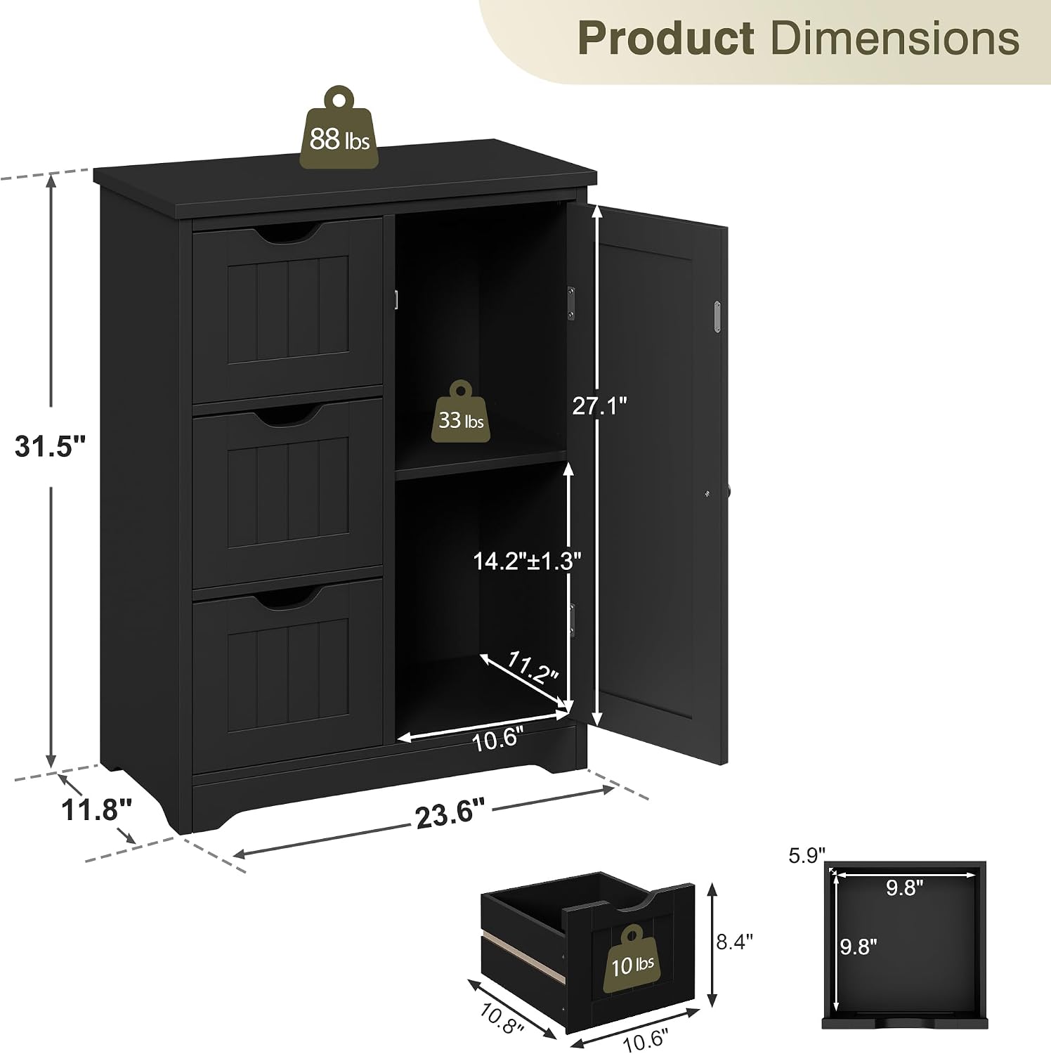JupiterForce Wooden Bathroom Floor Storage Cabinet, Freestanding Storage Cabinet with 4 Drawers and 1 Door Entryway Storage Oragnizer Unit for Bathroom, Living Room (3 Drawers, Black)