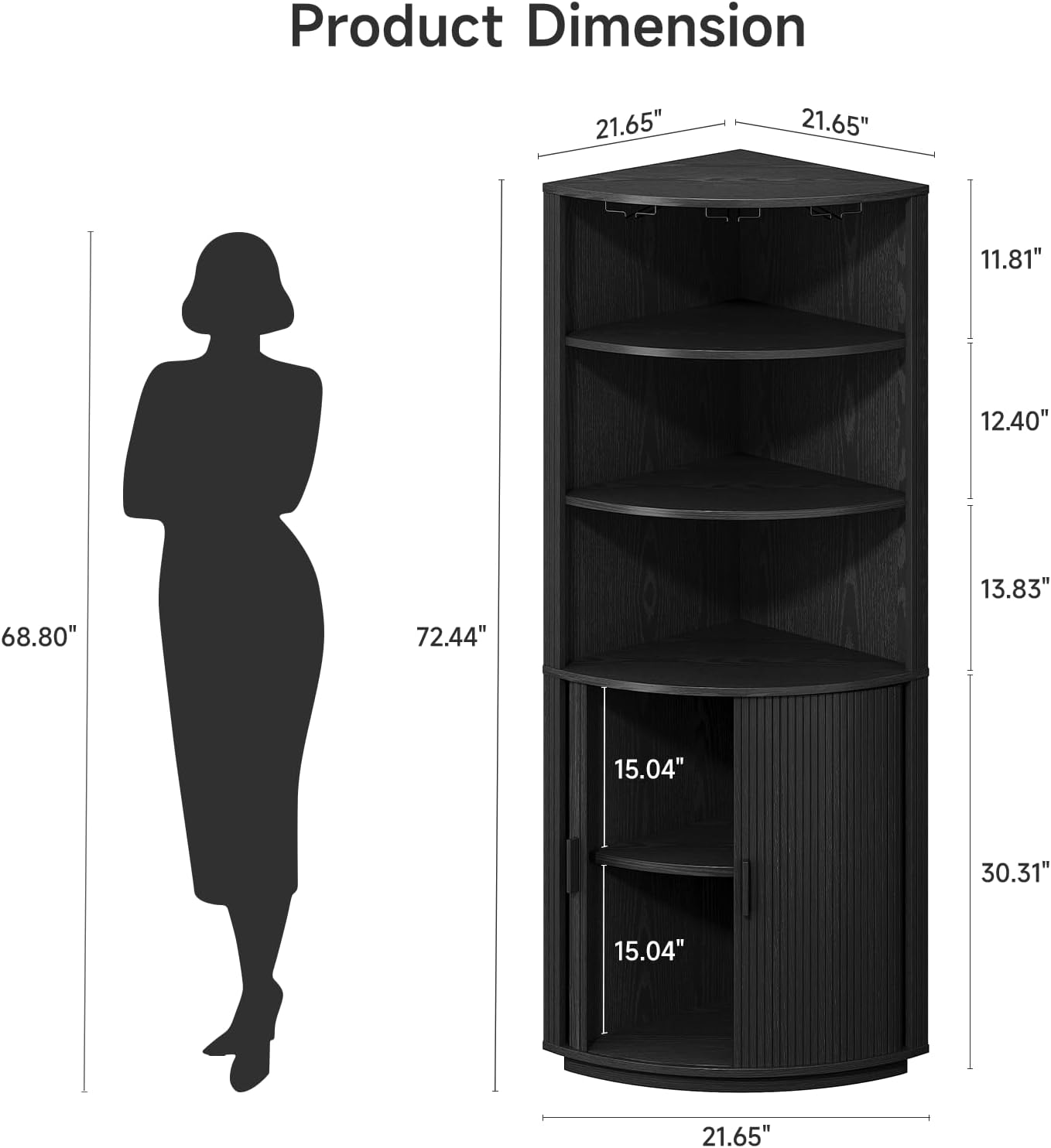ONBRILL 72" Tall Corner Bar Cabinet with LED Lights, Fluted Wine Bar Cabinet with Storage, Mid-Century Modern Liquor Cabinets with Sliding Door & Wine Glass Holder, for Dining Room, Living Room Black