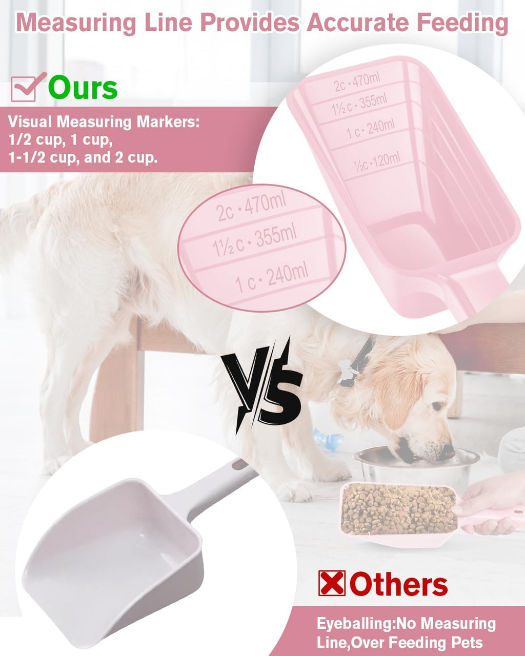 2 Cup Dog Food Scoop(2 Pack), Plastic Pet Food Scoop with Measuring Lines for Accurate Pet Food Portions,Dishwasher Safe (Pink)