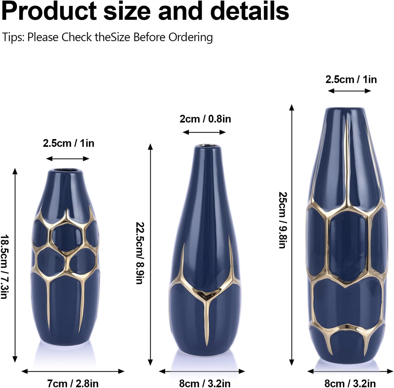 Blue and Gold Ceramic Vase Set of 3, Geometric Decorative Ellipse Vases for Living Room Shelf, Mantel, Table Centerpieces, Bathroom Countertop, Modern Rustic Farmhouse Home Decor (Blue)