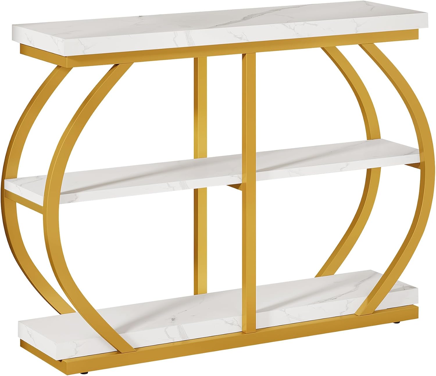 Tribesigns 41.3" Console Table, Industrial 3-Tier Entryway Table with Arched Metal Frame and Storage Shelves for Living Room, Hallway, White Gold
