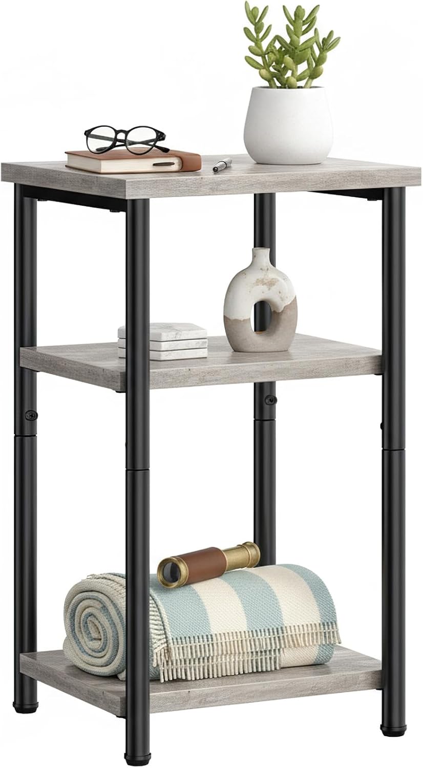 OLIXIS 3 Tier End Table for Small Space, Side Sofa Tables Storage Shelf, Nightstand with Adjustable Feet for Living Room, Bedroom, Office, Set of 1, Oak Grey
