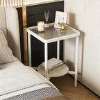 2-Tier Small End Table Side Table for Living Room, Boho Night Stand Square Nightstand with Tempered Glass Tabletop & Marble Storage Shelf, Accent Side Table for Small Spaces, Bedroom, Outdoor (White)