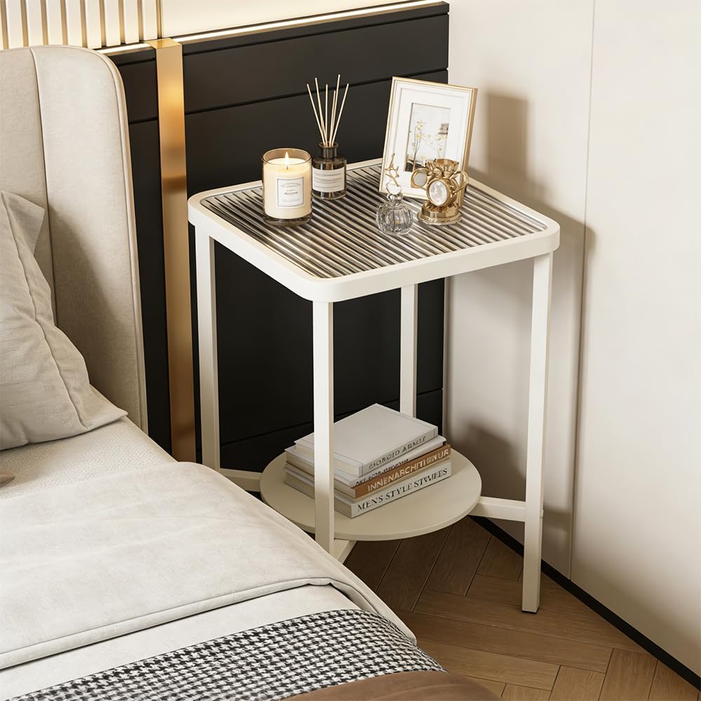 2-Tier Small End Table Side Table for Living Room, Boho Night Stand Square Nightstand with Tempered Glass Tabletop & Marble Storage Shelf, Accent Side Table for Small Spaces, Bedroom, Outdoor (White)
