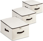 AMJ Fabric Storage Bin with Lid – Foldable for Clothes, Blankets – Beige Storage Box – Wardrobe-Optimized & Breathable (Set of 3)