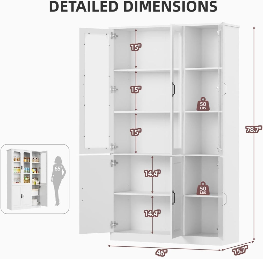 White Kitchen Pantry Cabinet, 78.7" Tall China Cabinet with Glass Doors and Adjustable Shelves, Wooden Display Cabinet for Dining, Living Room, White