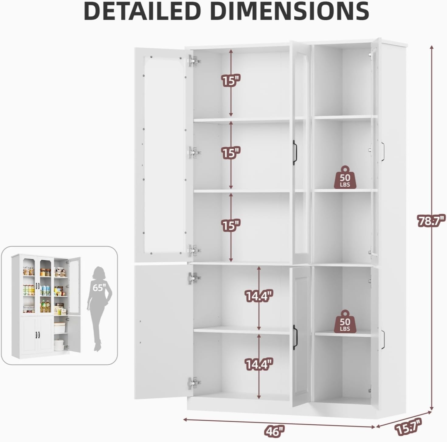 White Kitchen Pantry Cabinet, 78.7" Tall China Cabinet with Glass Doors and Adjustable Shelves, Wooden Display Cabinet for Dining, Living Room, White