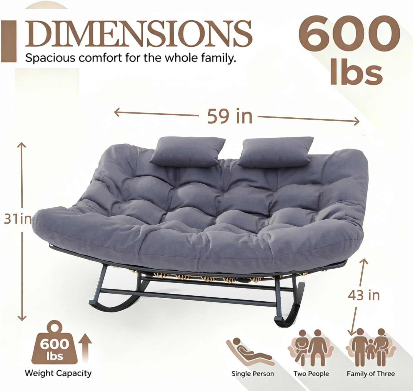 ROCSUMOO Outdoor Double Rocking Chair, Upgraded Patio Rocking Papasan Chair, Oversized Rocking Papasan Chair with Thick Water-Repellent Fabric Cushion, Comfy Rocking Chair 600 lbs (Grey)