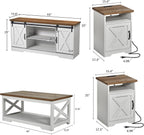 AMERLIFE 4-Piece Farmhouse Table Set Includes Sliding Barn Door TV Stand, Coffee Table& Two End Tables, Side Table with Charging Station and USB Ports for Living Room, Distressed White, 66"