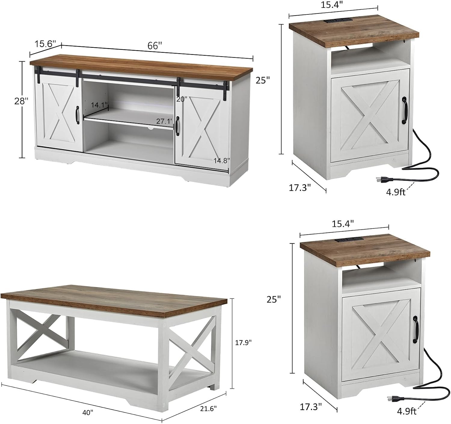 AMERLIFE 4-Piece Farmhouse Table Set Includes Sliding Barn Door TV Stand, Coffee Table& Two End Tables, Side Table with Charging Station and USB Ports for Living Room, Distressed White, 66"
