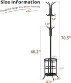 Coat Rack Freestanding with Umbrella Stand Coat Rack Stand with 12 Hooks Metal Coat Tree Coat and Hat Hanger Jacket Entryway(Black)