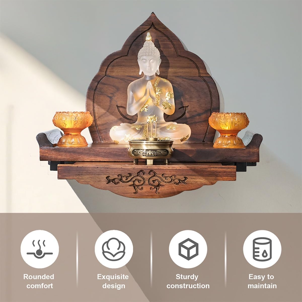 Wall Mounted Shrine Buddhist Altar, Personal Shrine Stand with Retractable Pull Plate, Wood Prayer Meditation Table for Living Room, Bedroom, Office