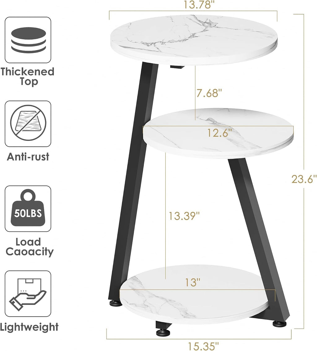 BEWISHOME Round End Table Marble Side Table with Metal Frame, Small Nightstand with 3-Tier Shelves, Night Stand for Living Room Bedroom Tall Black KTZ41H