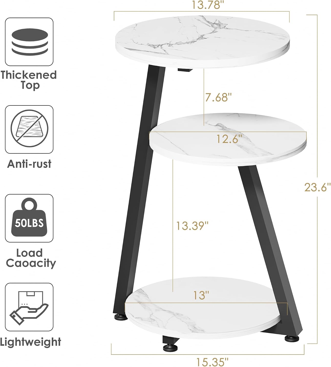 BEWISHOME Round End Table Marble Side Table with Metal Frame, Small Nightstand with 3-Tier Shelves, Night Stand for Living Room Bedroom Tall Black KTZ41H