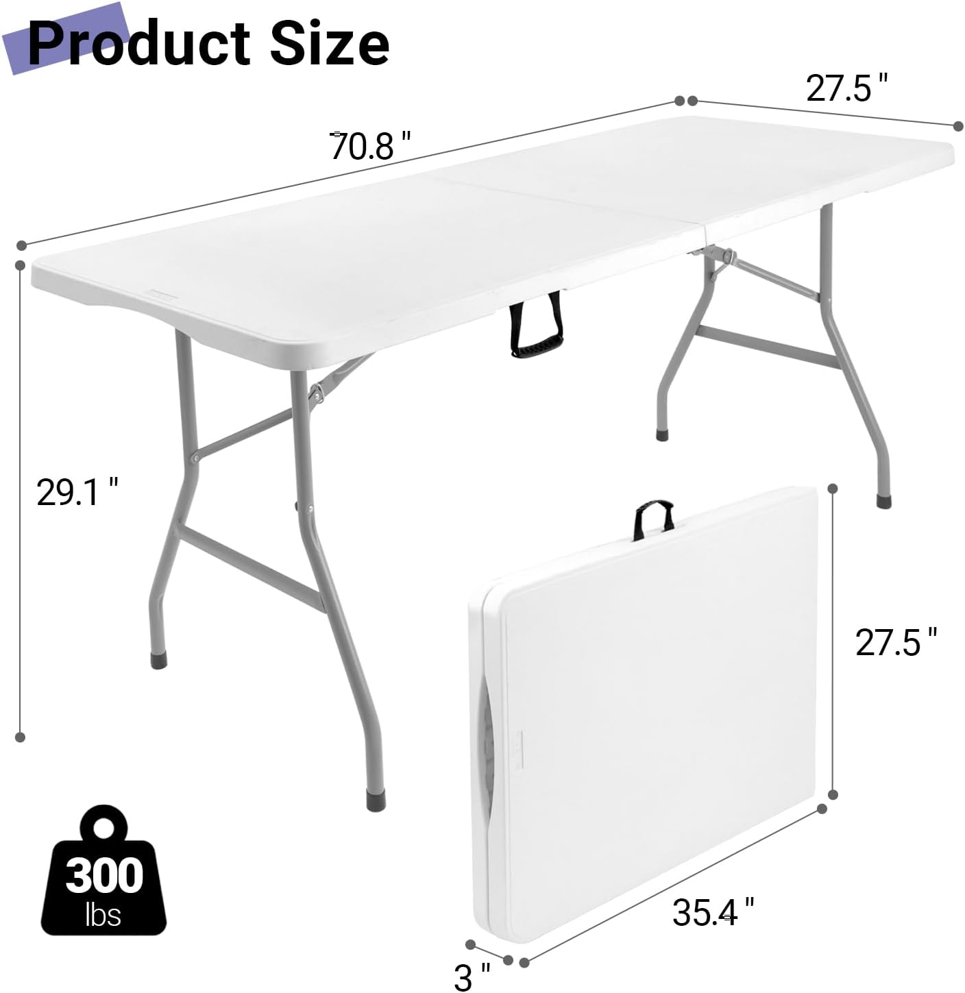 Byliable Folding Table 6ft, Heavy Duty Portable Plastic Fold-in-Half Utility Table with Carrying Handle for Indoor Outdoor, Camping Picnic Party, White