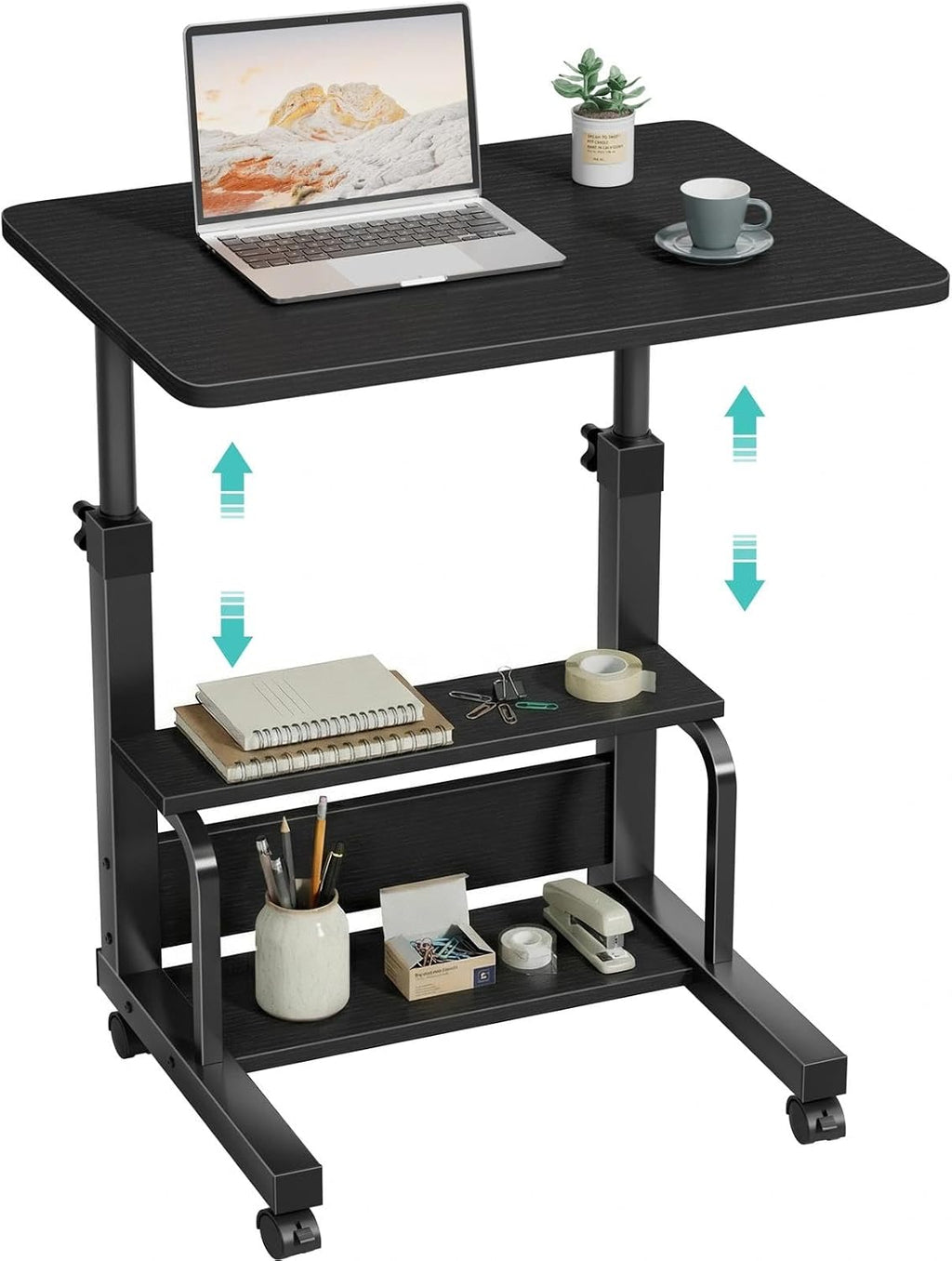 WINAZ Small Rolling Desk for Small Spaces - 24" Portable Kids Desk with Wheels, Height Adjustable C Shaped Side Table Mobile Laptop Desks with 2-Tier Storage Shelves for Bed Sofa, Black