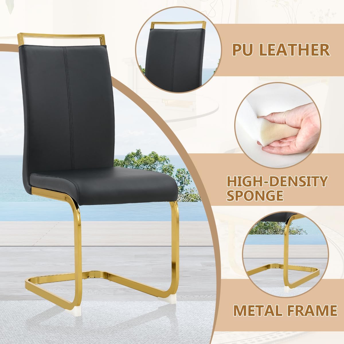 gopop Dining Chairs Set of 2, Faux Leather Dining Chairs with Plated Chrome Metal Frame, Modern Kitchen Chairs Set with Padded Seat High Back for Dining Room, Kitchen Room, Living Room.